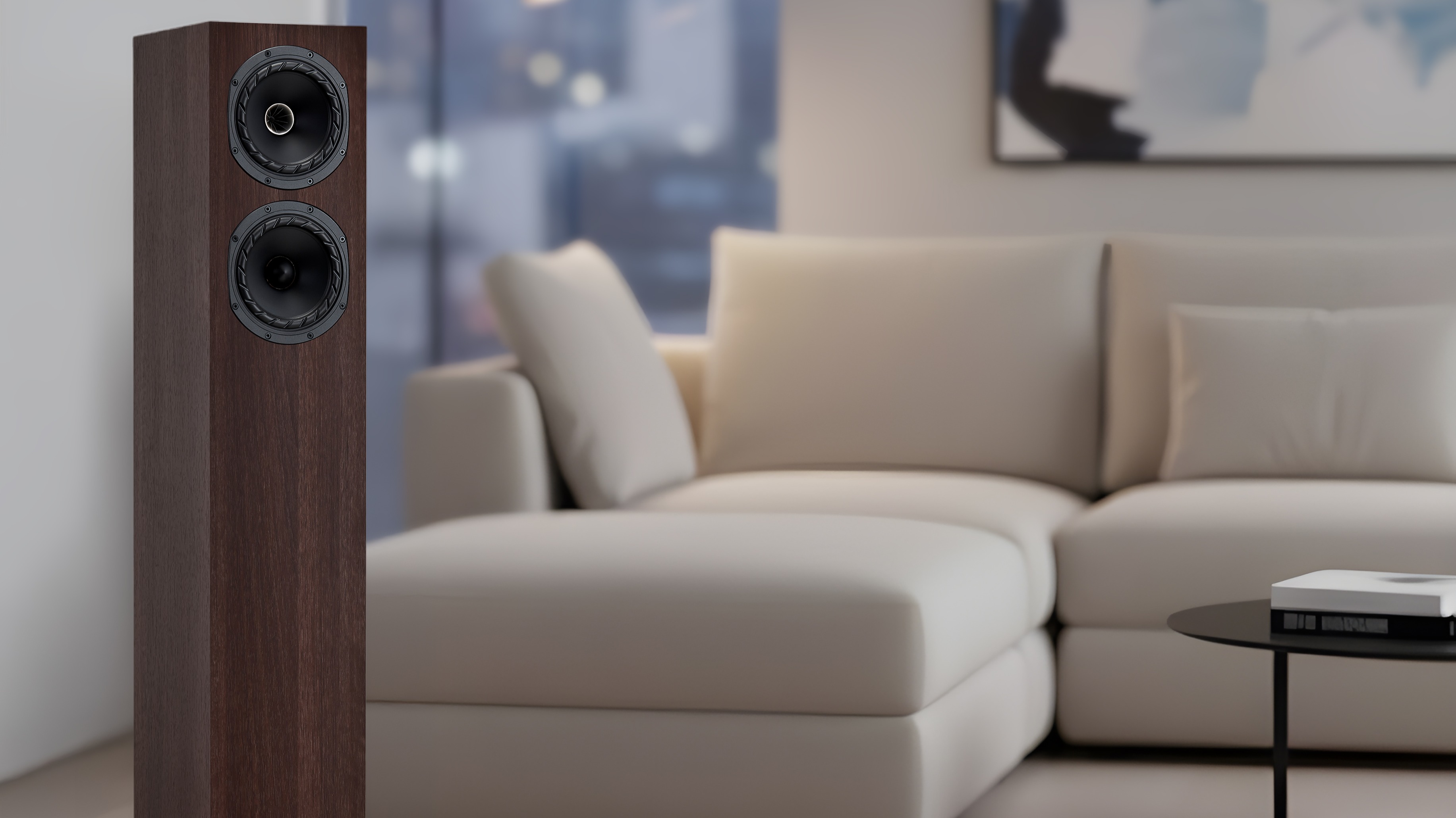 Fyne Audio F55E floorstander in walnut in a living room