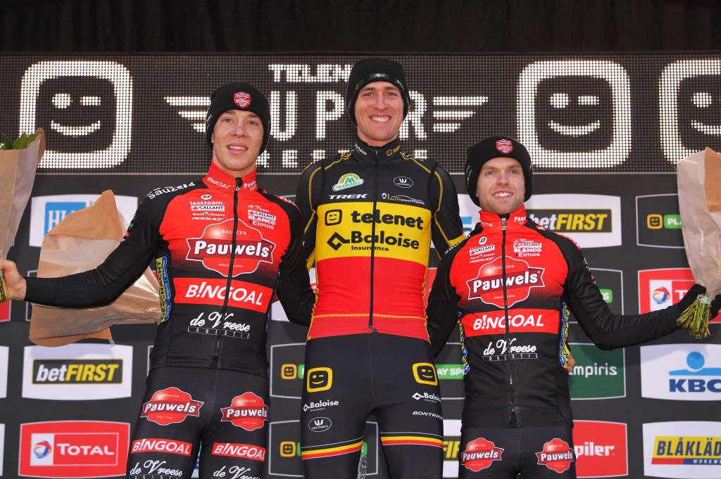 ZONHOVEN BELGIUM DECEMBER 08 Podium Laurens Sweeck of Belgium and Pauwels SauzenBingoal Silver Medalist Toon Aerts of Belgium and Team Telenet and Baloise Lions Gold Medalist Eli Iserbyt of Belgium and MarluxBingoal Bronze Medalist during the 24th Superprestige Zonhoven 2019 superprestige zonhoven TelenetSuperprestige on December 08 2019 in Zonhoven Belgium Photo by Luc ClaessenGetty Images