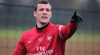 ST ALBANS, ENGLAND - MAY 04: Sebastien Squillaci of Arsenal gestures during a training session at London Colney on May 4, 2012 in St Albans, England. (Photo by Stuart MacFarlane/Arsenal FC via Getty Images)