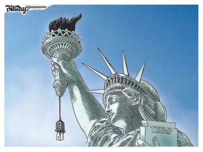 Political Cartoon U.S. Trump Statue of Liberty torch
