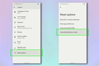 Screenshots showing the process for factory resetting a Google Pixel phone