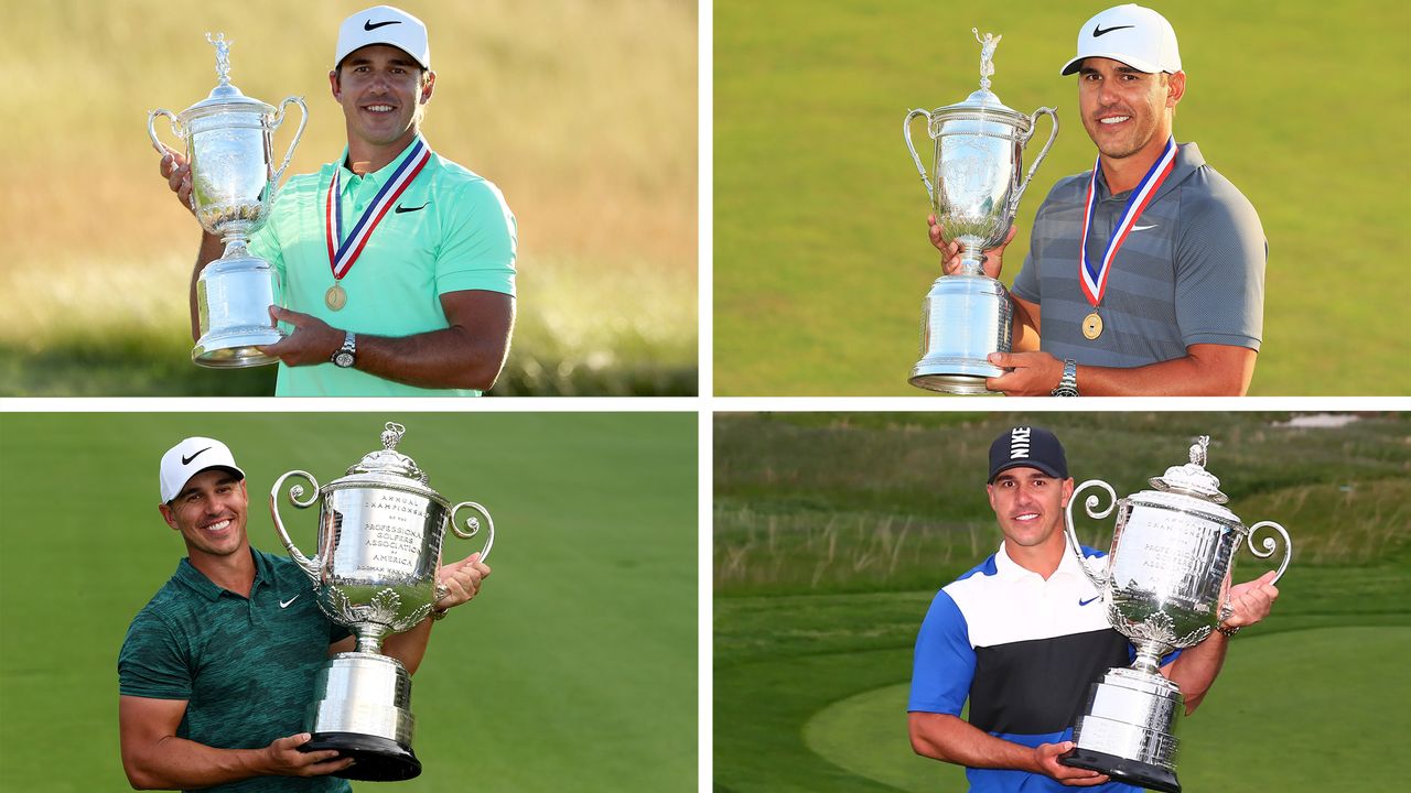 Brooks Koepka holding the US Open and PGA Championship trophies 