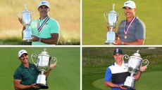 Brooks Koepka holding the US Open and PGA Championship trophies 