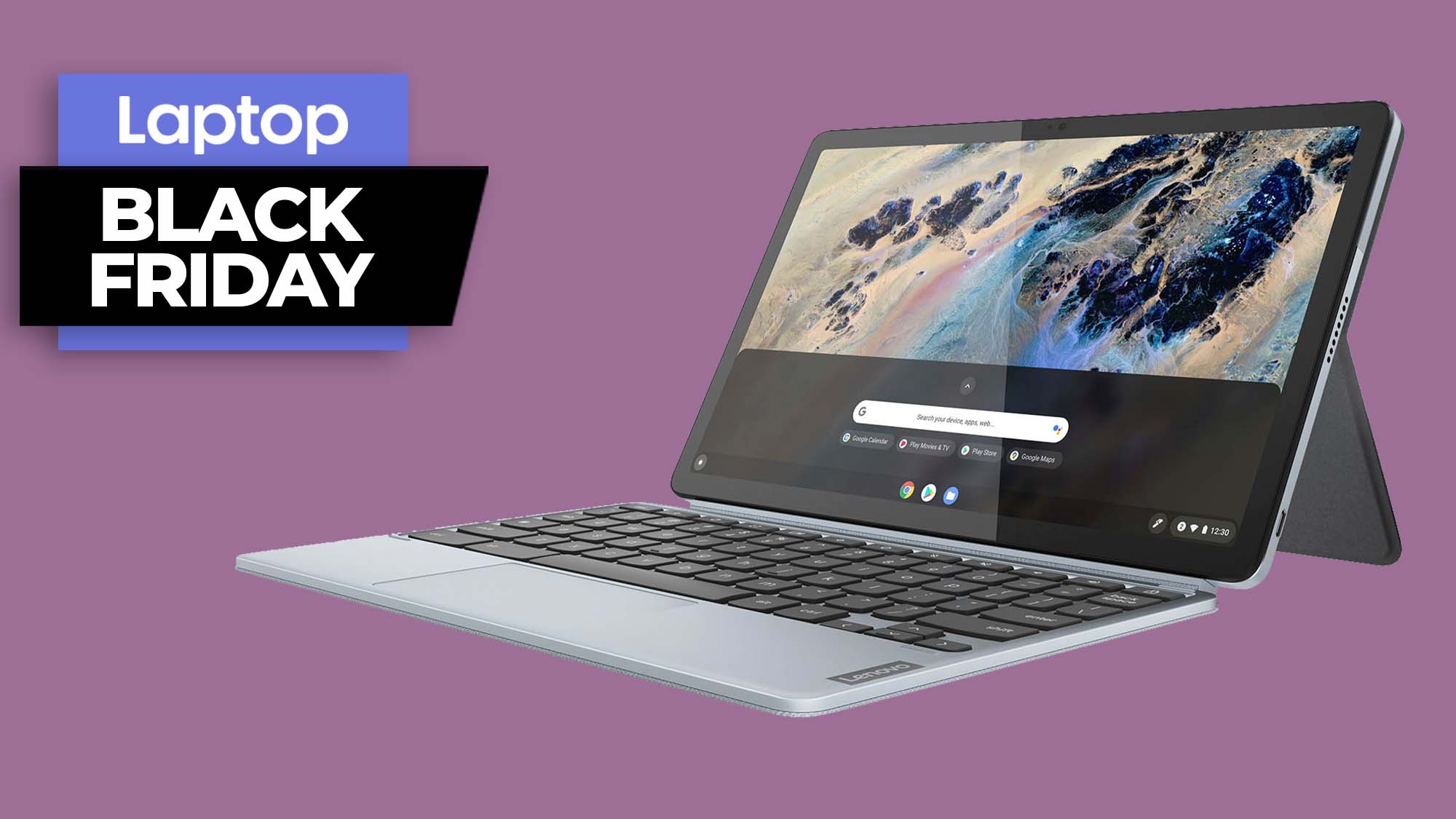 Lenovo IdeaPad Duet 3 Chromebook on a purple background with a Black Friday Laptop banner in the upper-left corner