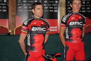 Cadel Evans and Tim Roe at the BMC team presentation in Denia, Spain.