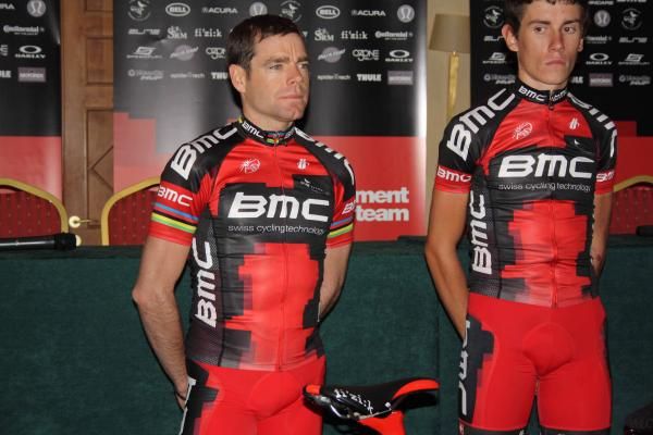 Cadel Evans and Tim Roe at the BMC team presentation in Denia, Spain.