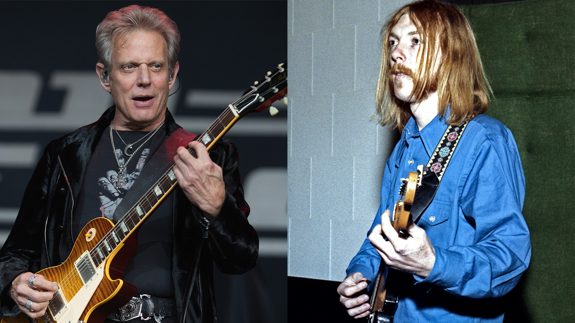 LEFT: Don Felder on the 'United We Rock Tour 2017' at White River Amphitheatre on June 21, 2017 in Auburn, Washington. RIGHT: Duane Allman at FAME Studios in 1968 in Muscle Shoals, Alabama.
