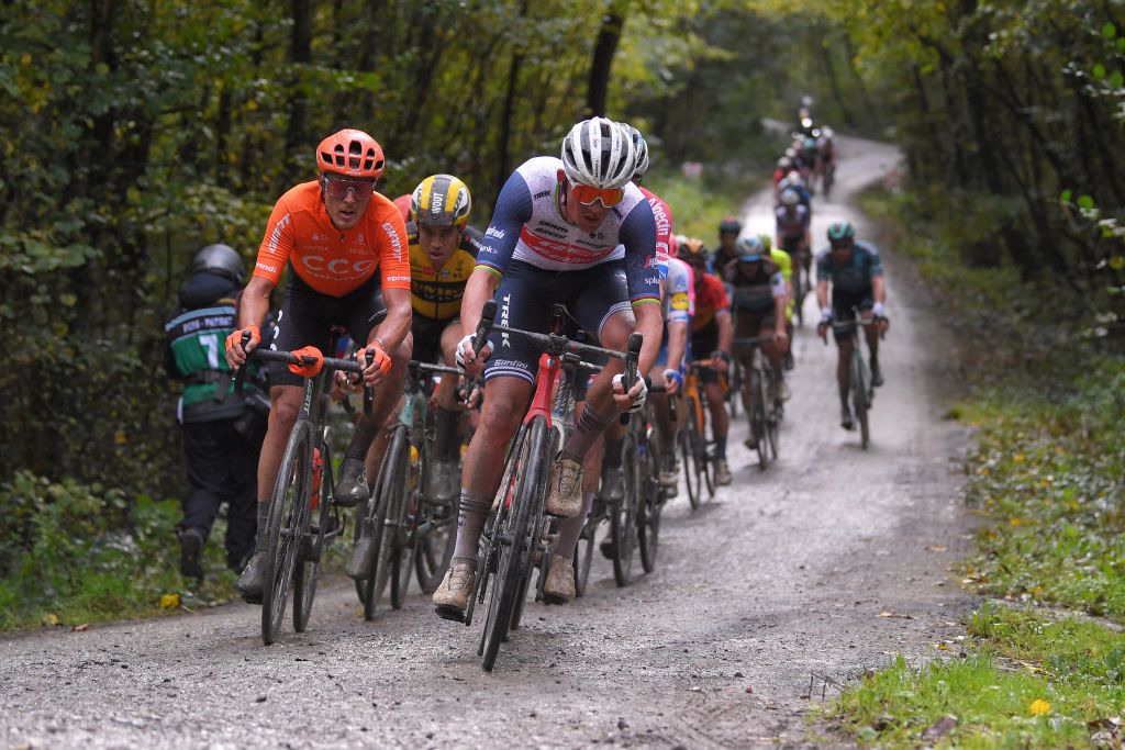WEVELGEM BELGIUM OCTOBER 11 Matteo Trentin of Italy and CCC Team Mads Pedersen of Denmark and Team Trek Segafredo Wout Van Aert of Belgium and Team Jumbo Visma Breakaway during the 82nd GentWevelgem In Flanders Fields 2020 Men Elite a 2325km race from Ypres to Wevelgem GentWevelgem FlandersClassic on October 11 2020 in Wevelgem Belgium Photo by Luc ClaessenGetty Images
