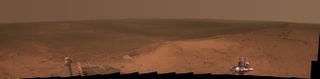 NASA's Mars rover Opportunity captured the photos that make up this panorama from the top of Cape Tribulation, a segment of the rim of Endeavour Crater, in January 2015.