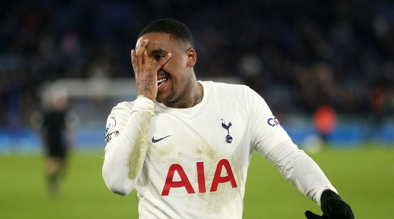 Steven Bergwijn celebrates after scoring a late winner for Tottenham against Leicester.