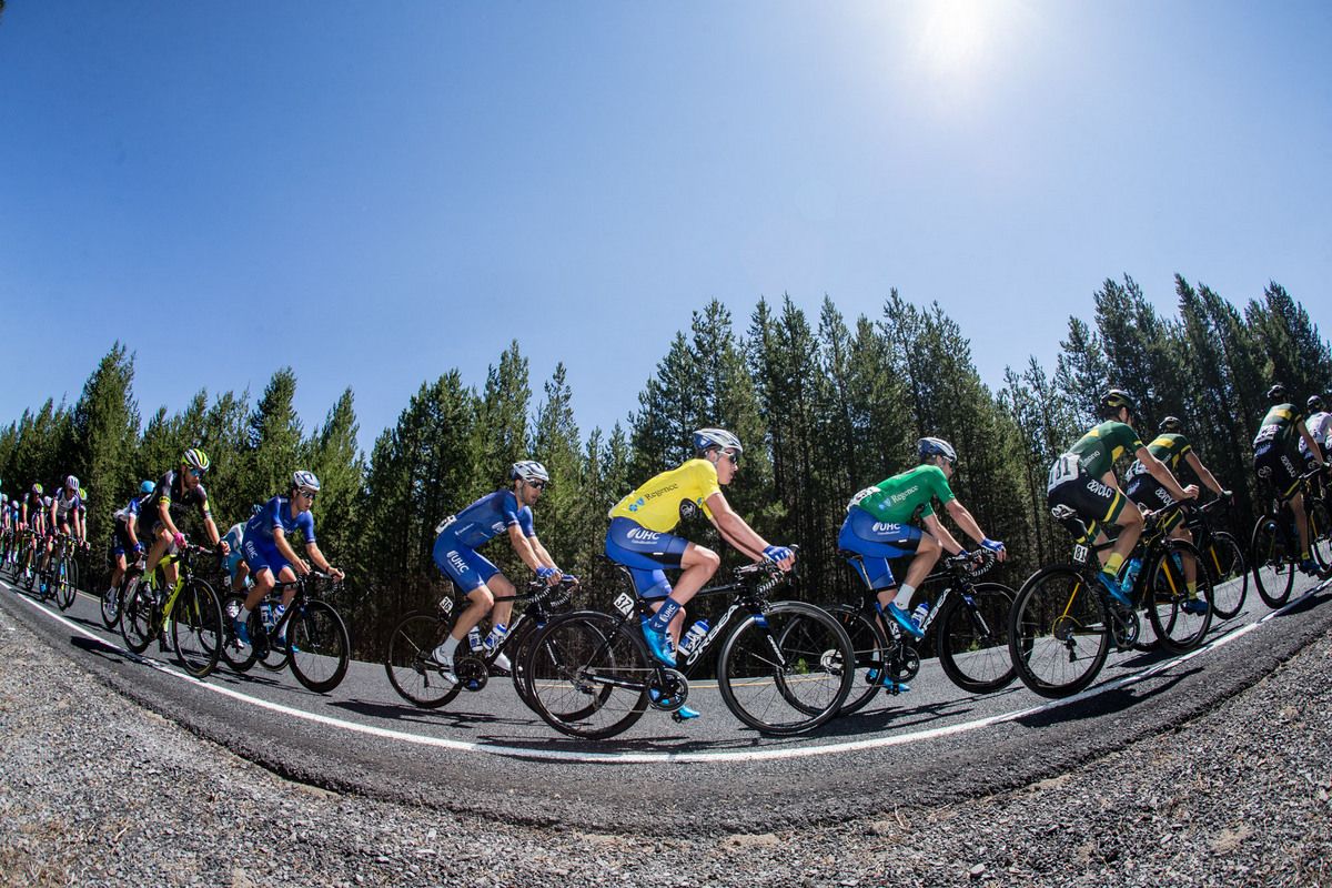 Gavin Mannion (UnitedHealthcare) rides in the yellow jersey surrounded by teammates