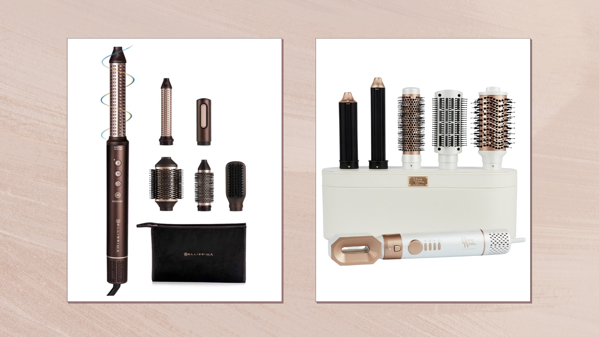 Collage of the best Dyson Airwrap alternatives on a beige background, including the Bellissima Prodigy and Beauty Works Aeris Multi-Styler