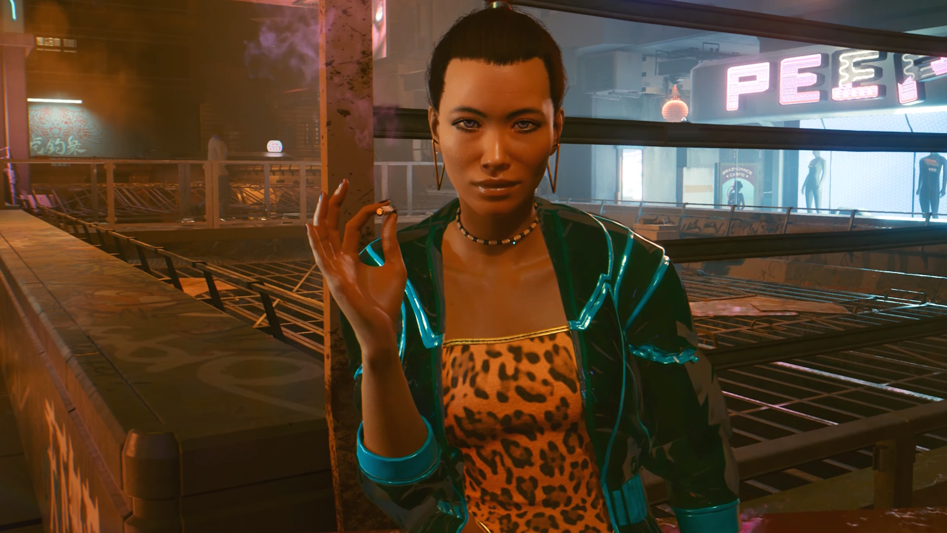 How to find Joytoys in Cyberpunk 2077 - a female joytoy smoking and looking at the camera