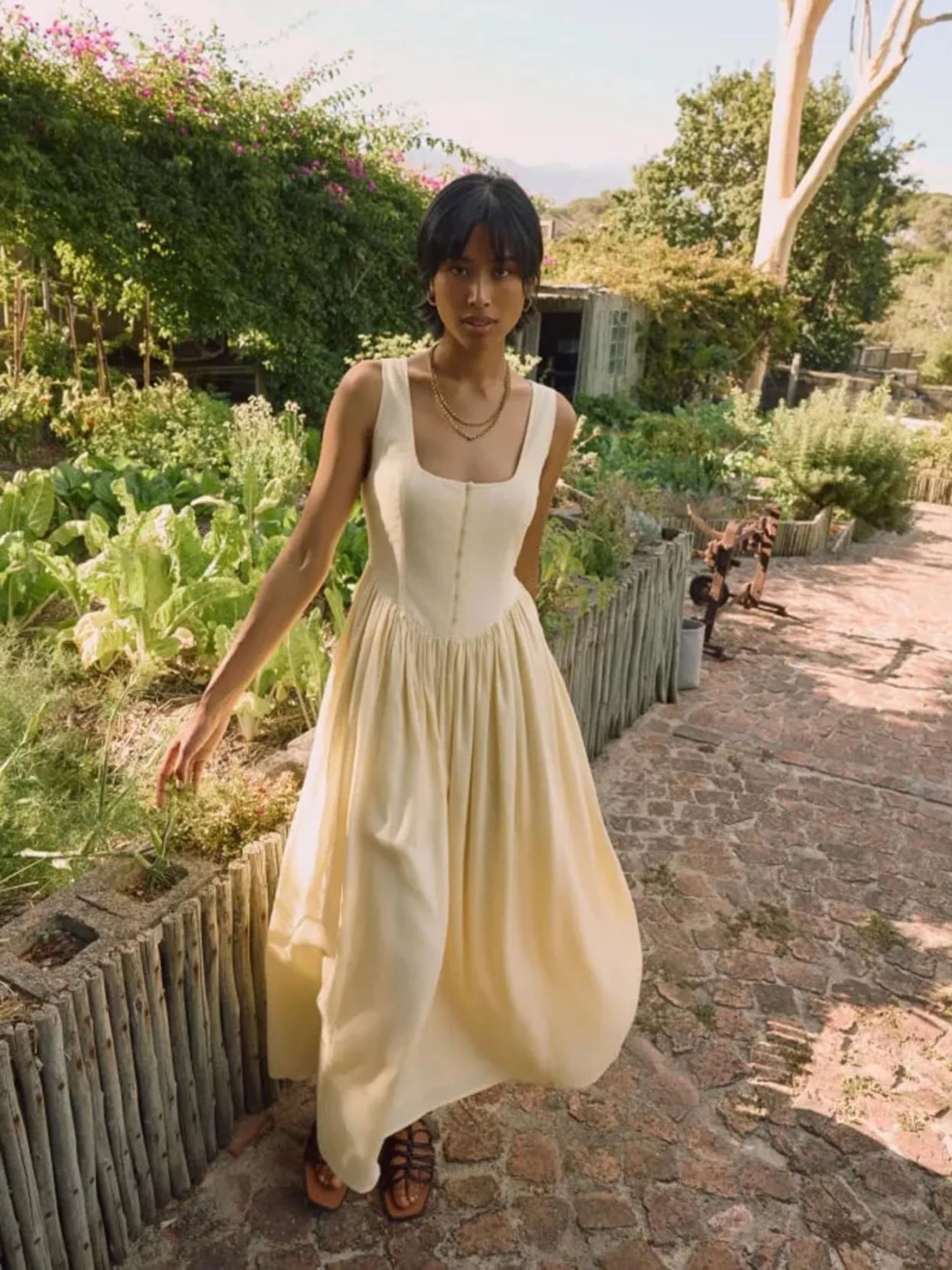 Butter Yellow Linen-Blend Cora Midi Dress
