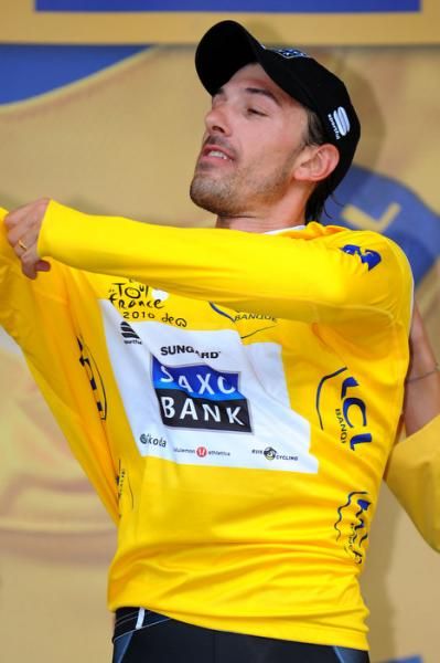 Fabian Cancellara (Saxo Bank) dons yellow after the Tour prologue.