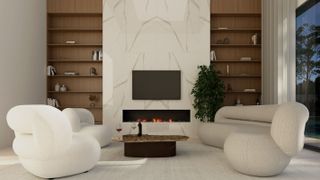 contemporary living room with marble fireplace