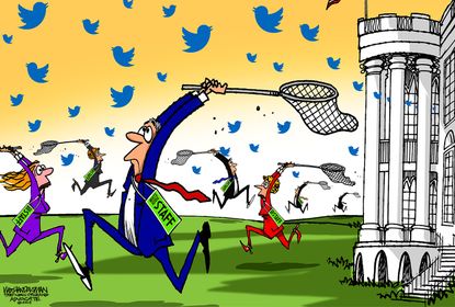 Political cartoon U.S. White House staff twitter tweets social media Trump