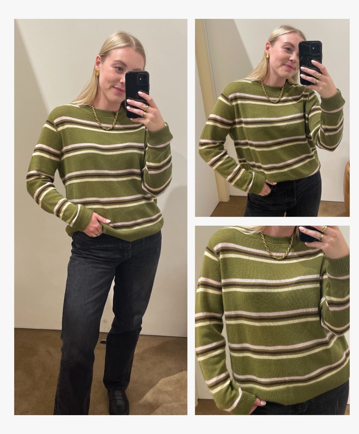 Woman wears striped knit and black jeans and black loafers