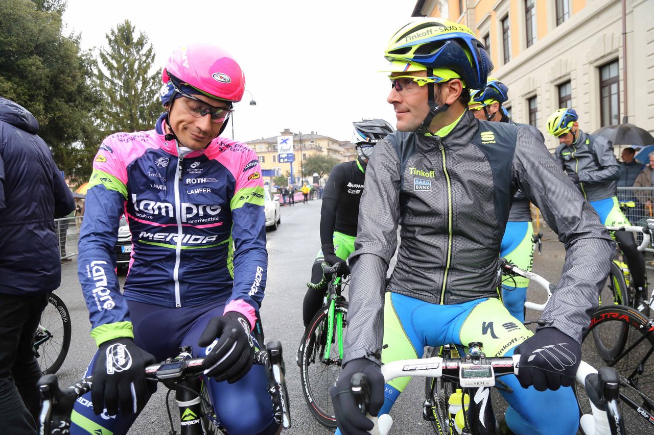 Filippo Pozzato and Ivan Basso before stage 6 of Tirreno-Adriatico.