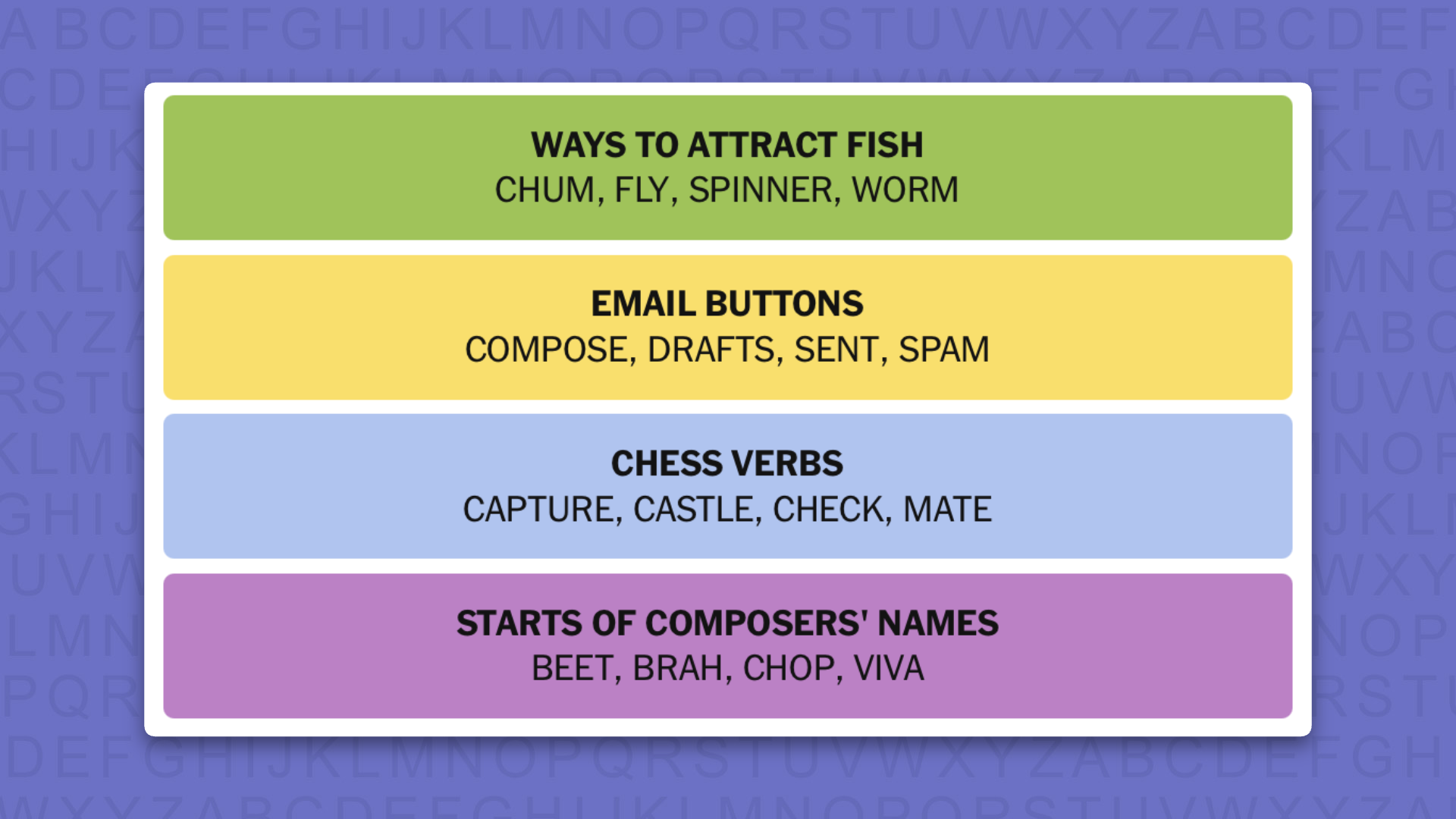 NYT Connections answers for game 1198 on a purple background