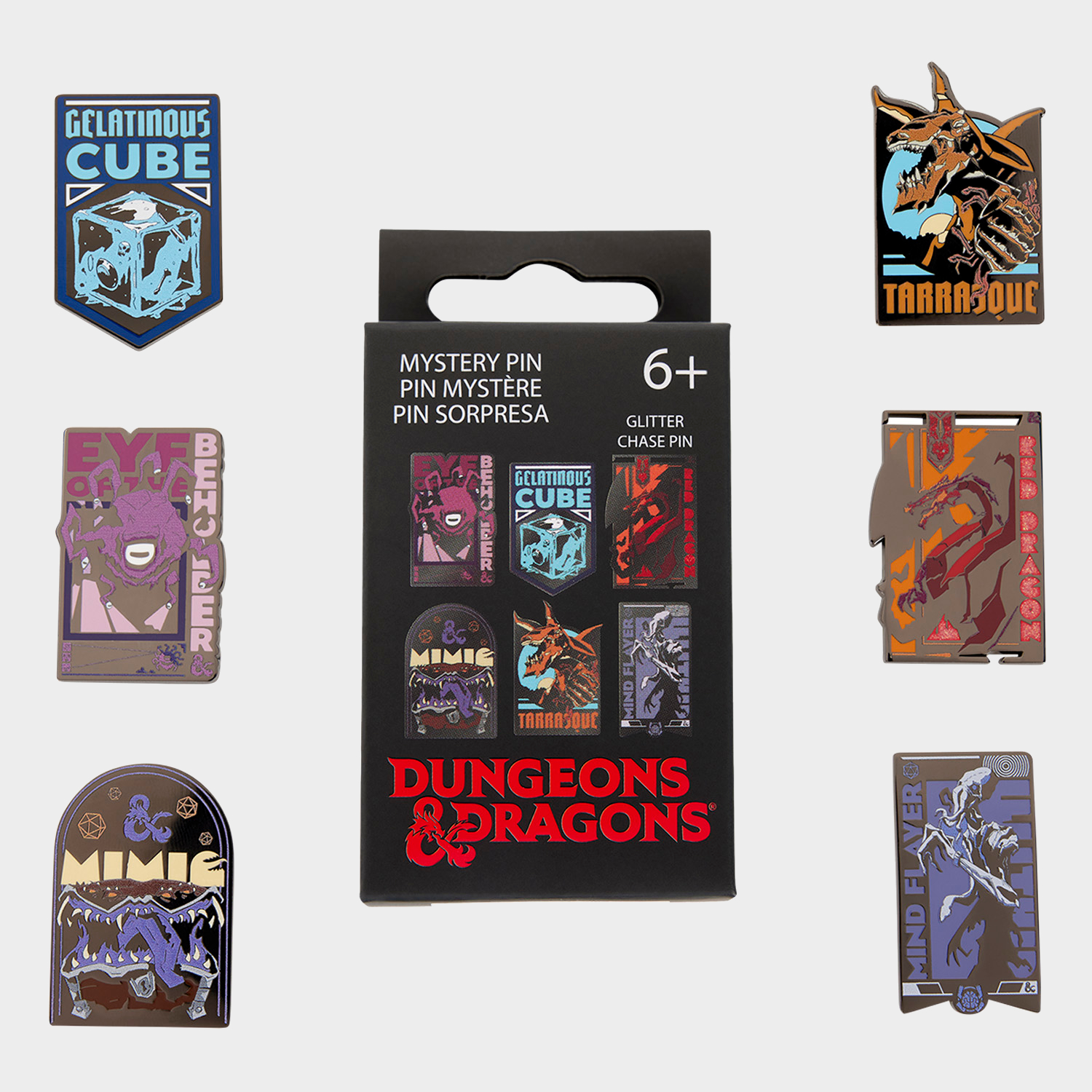 Loungefly D&D pins against a plain background