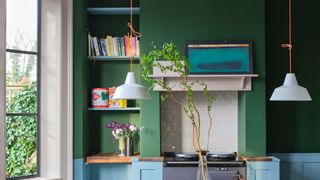 kitchen with green walls and sky blue painted kitchen cabinets to show Farrow and ball's new 2023 paint color trends