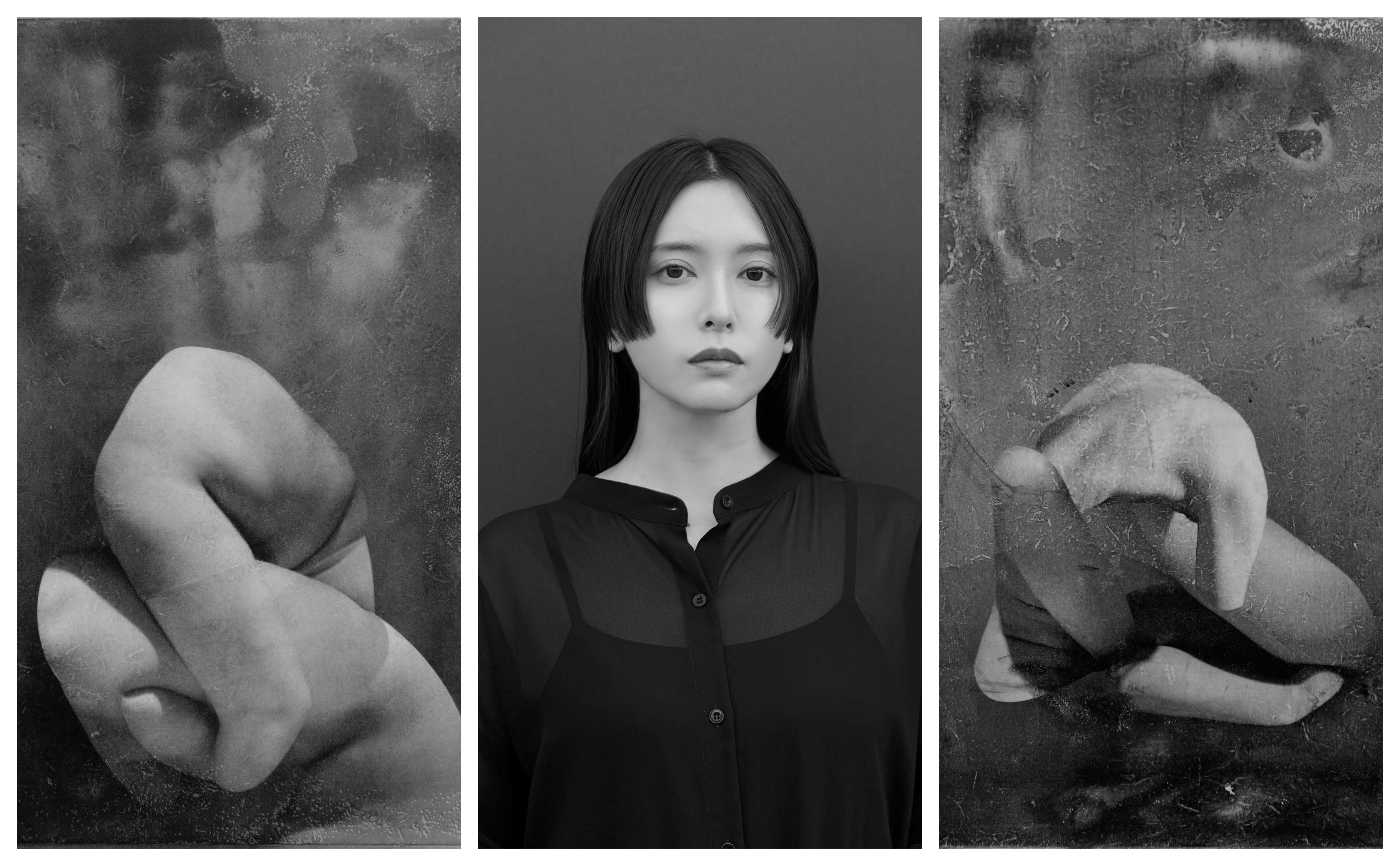 a black and white portrait of a young asian woman surrounded by two black and white photos of white sculpture