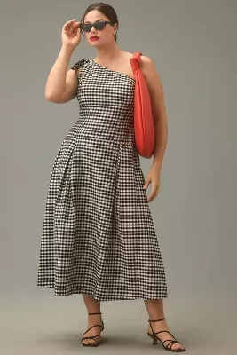Ciina One-Shoulder Gingham Midi Dress