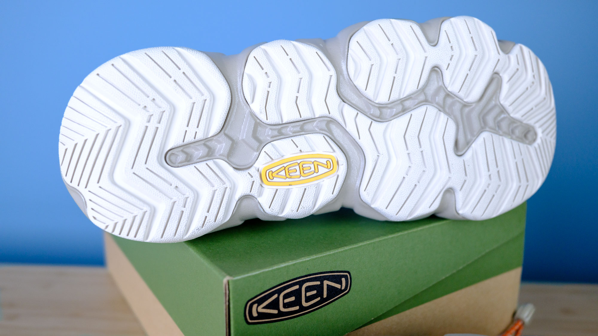 The Keen Hyperport H2 water hiking sandals with aquagrip soles, injected foam soles, and a cinch clasp for slip-on ease, in the taupe/coral colorway