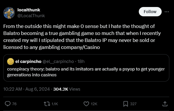 'I hate the thought of Balatro becoming a true gambling game': LocalThunk is making sure casinos can't get their hands on his game even after he dies by literally writing it into his will