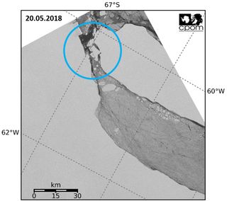 In May and June of 2018, the A68 iceberg bumps against the Larsen C ice shelf, splintering off a number of smaller bergs.