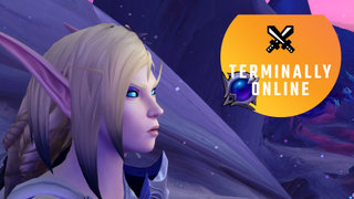 Alleria Windrunner looks, unimpressed, at a little orb stuck to the PC Gamer's Terminally Online logo.