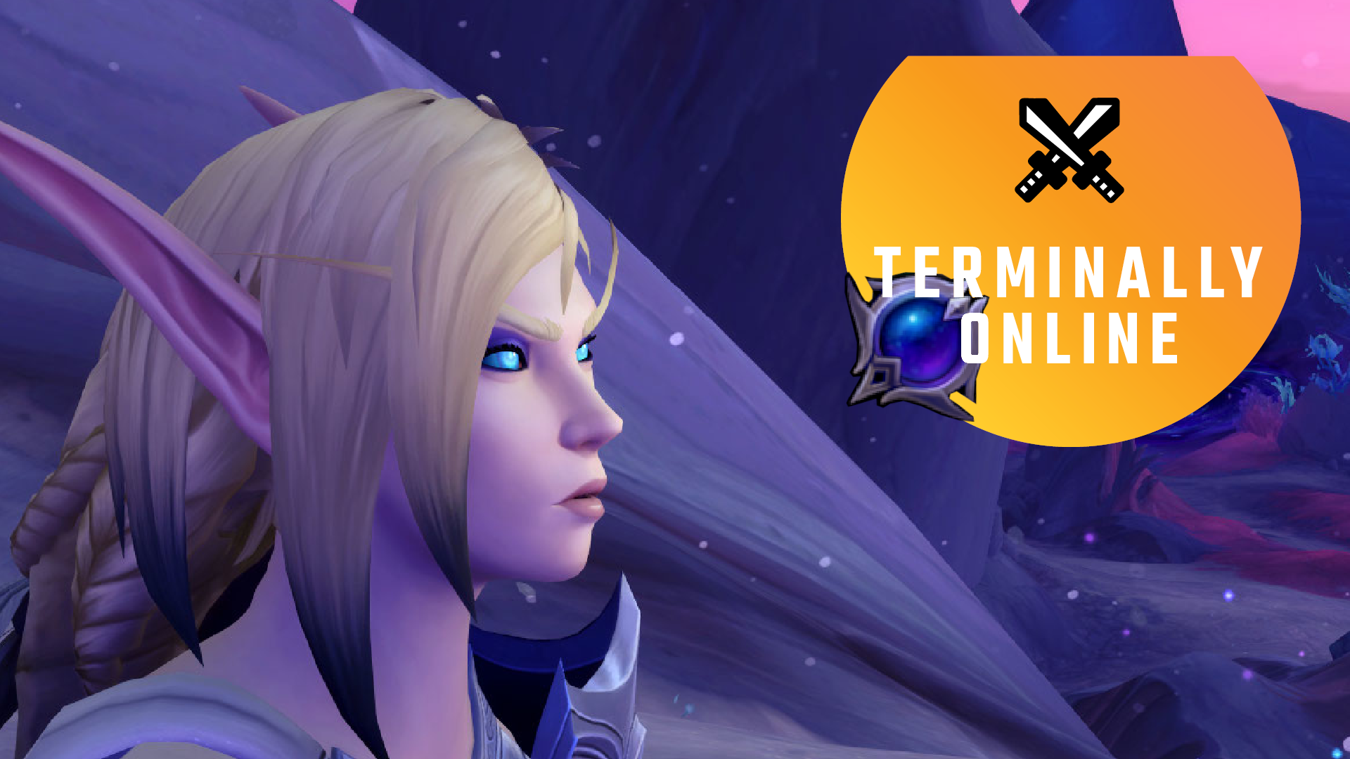 Alleria Windrunner looks, unimpressed, at a little orb stuck to the PC Gamer's Terminally Online logo.