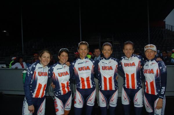 Meredith Miller and Team USA pose for a photo before the Road World Championships in Mendriso, Switzerland. From l-r: Mara Abbott, Evelyn Stevens, Meredith Miller, Kim Anderson, Kristin Armstrong, Amber Neben.