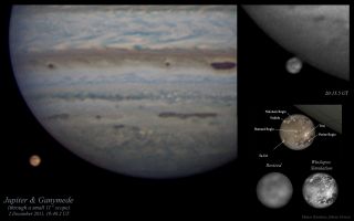 Amateur photographs of Jupiter and Ganymede, accompanied with a professionally obtained labeled map (bottom right).