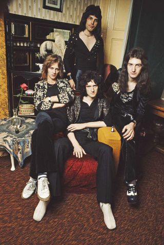 Queen pose at Freddie Mercury's London flat in early 1974
