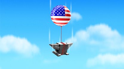 Illustration of a Stars and Stripes balloon tied to an anvil, falling from the sky