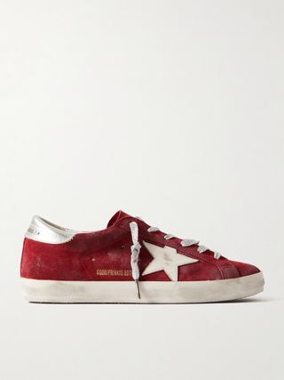 Super-Star Distressed Metallic Leather-Trimmed Suede Sneakers