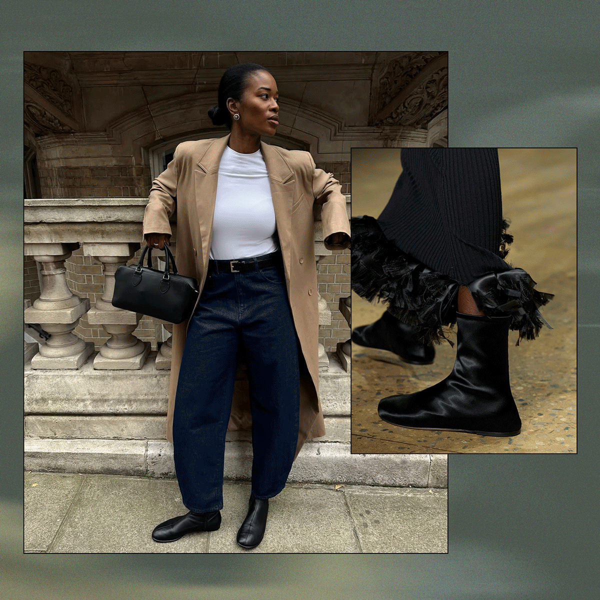 a collage of influencer and runway images featuring flat socks boots
