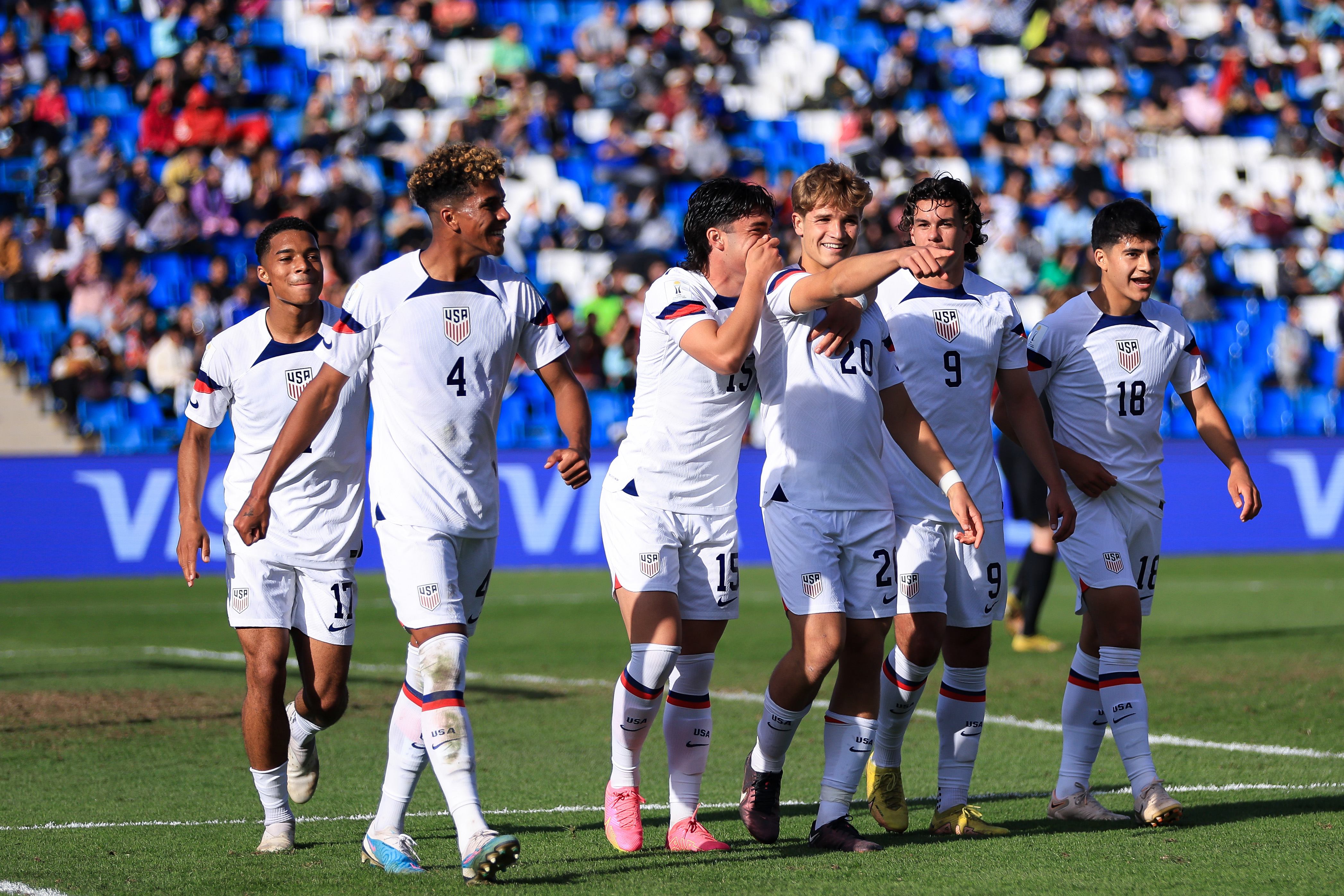 MENDOZA, ARGENTINA - MAY 30: Rokas Pukstas of USA celebrates with teammates after scoring the team&amp;amp;apos;s fourth goal during the FIFA U-20 World Cup Argentina 2023 Round of 16 match between United States and New Zealand at Estadio Mendoza on May 30, 2023 in Mendoza, Argentina. (Photo by Buda Mendes - FIFA/FIFA via Getty Images)