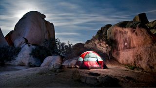 Lit up tent in Joshua Tree, California