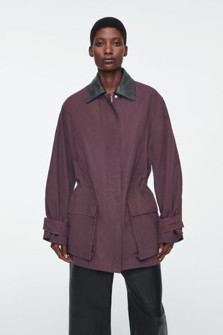 Oversized Leather-Collar Utility Jacket