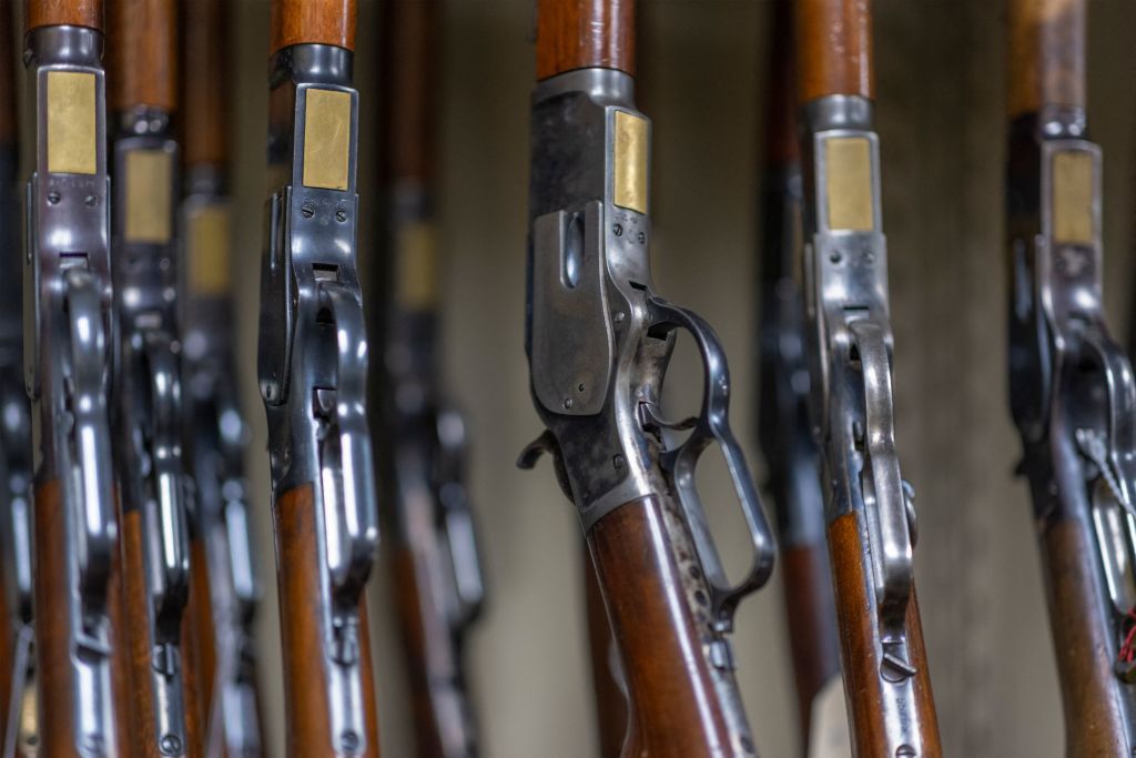 Prop guns are seen during an interview with props expert Guillaume Delouche at Independent Studio Services in Sunland-Tujunga, Los Angeles, California