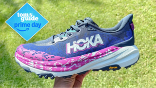 the Hoka Speedgoat 6 shoe next to a Prime Day deal label