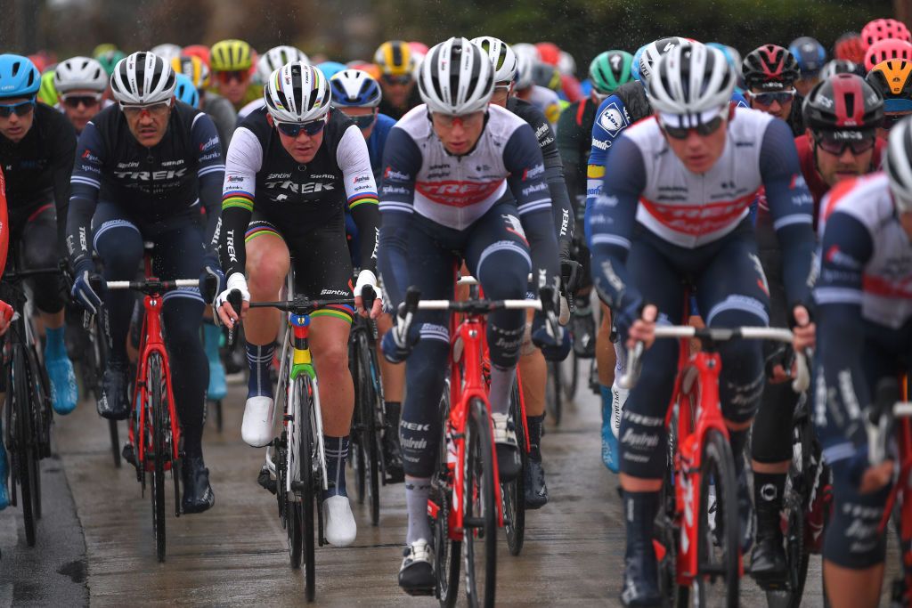 NINOVE BELGIUM FEBRUARY 29 Jasper Stuyven of Belgium and Team Trek Segafredo Mads Pedersen of Denmark and Team Trek Segafredo Peloton Rain during the 75th Omloop Het Nieuwsblad 2020 Men Race a 200km race from Ghent to Ninove OmloopHNB OHN20 on February 29 2020 in Ninove Belgium Photo by Tim de WaeleGetty Images
