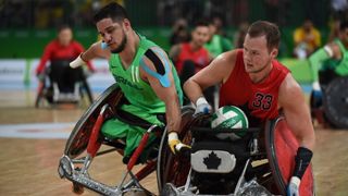 Competitors playing wheelchair rugby at the Paralympics
