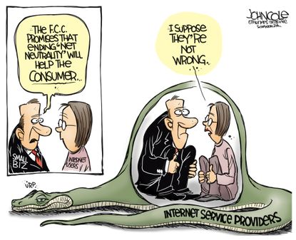 Political cartoon U.S. Net neutrality FCC internet small businesses