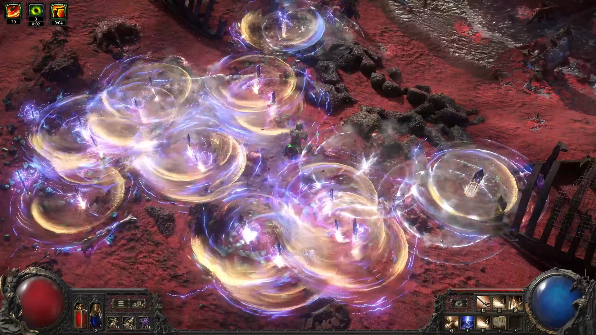 A top-down view of a video game battle on red terrain, featuring a character surrounded by multiple glowing, swirling golden and blue energy rings.