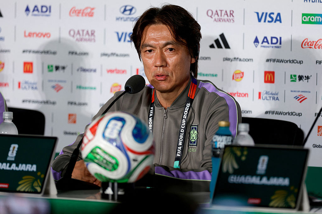 South Korea's head coach Hong Myung-bo gives a press conference at the Guadalajara Stadium in Zapopan, Mexico on June 10, 2026, on the eve of the 2026 World Cup