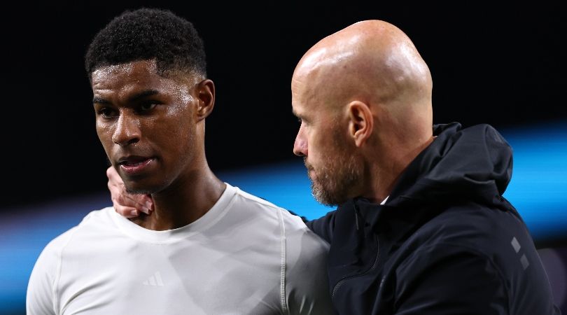 Erik ten Hag with Marcus Rashford during Manchester United&#039;s Premier League game against Burnley in September 2023.